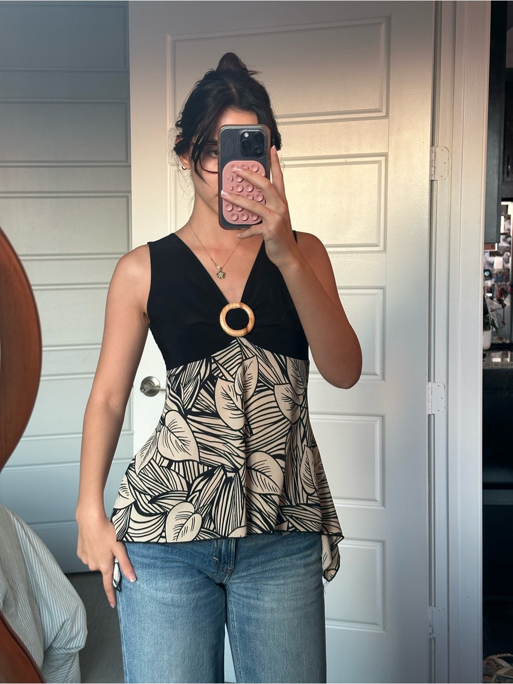 Vintage Black and Cream V-Neck Floral Peplum Camisole with Ring Detail
